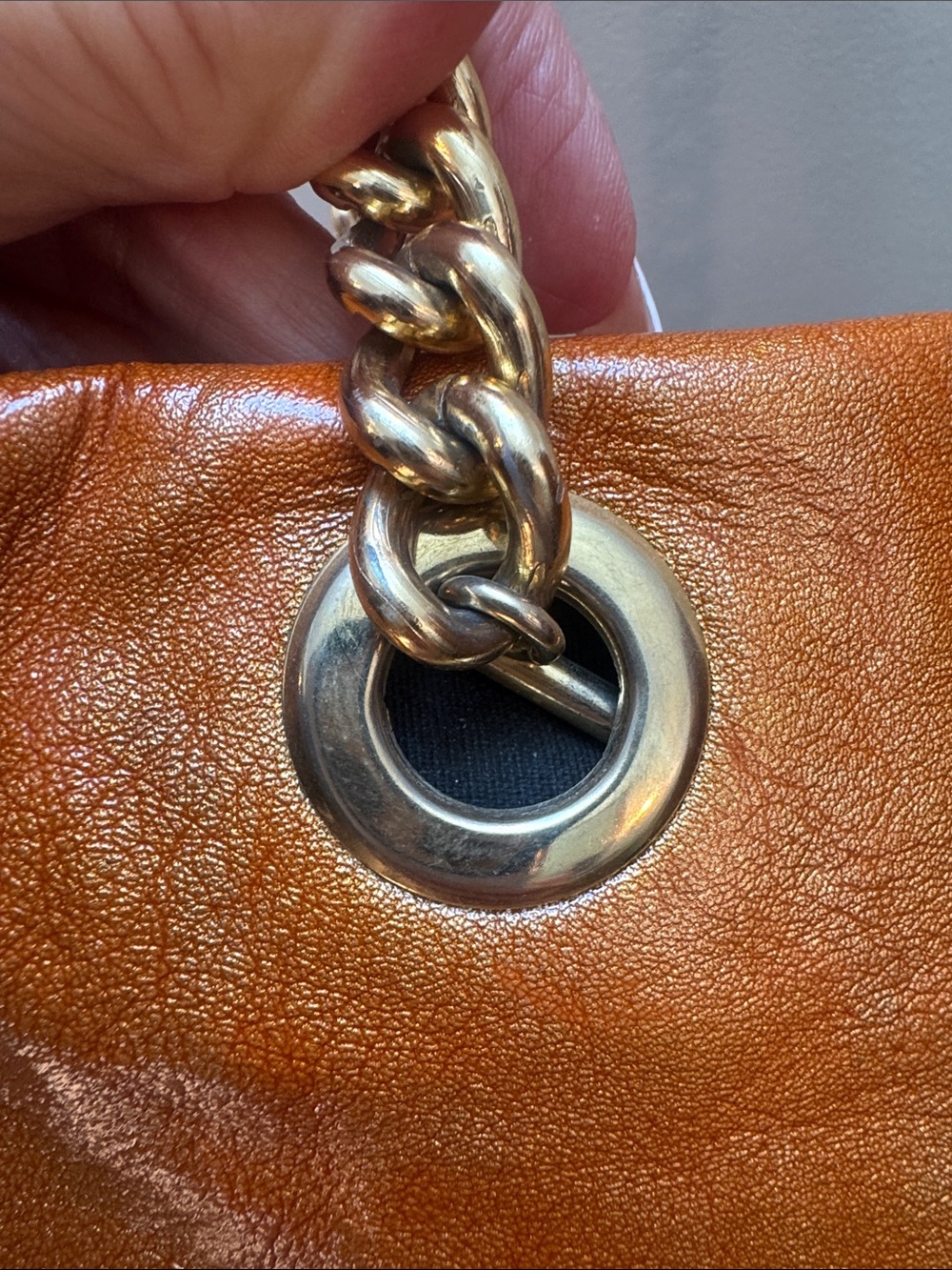 Henri Bendel Distressed Orange Leather Shoulder Bag with Gold Chain Straps - Picture 3 of 12